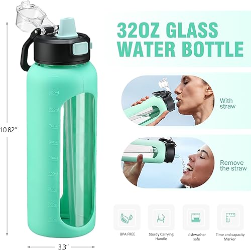 Miniatura 3 de BLUEGO Botella de agua de vidrio de 32 onzas con pajilla, botellas de agua motivacionales con marcador de tiempo y funda de silicona, botella de