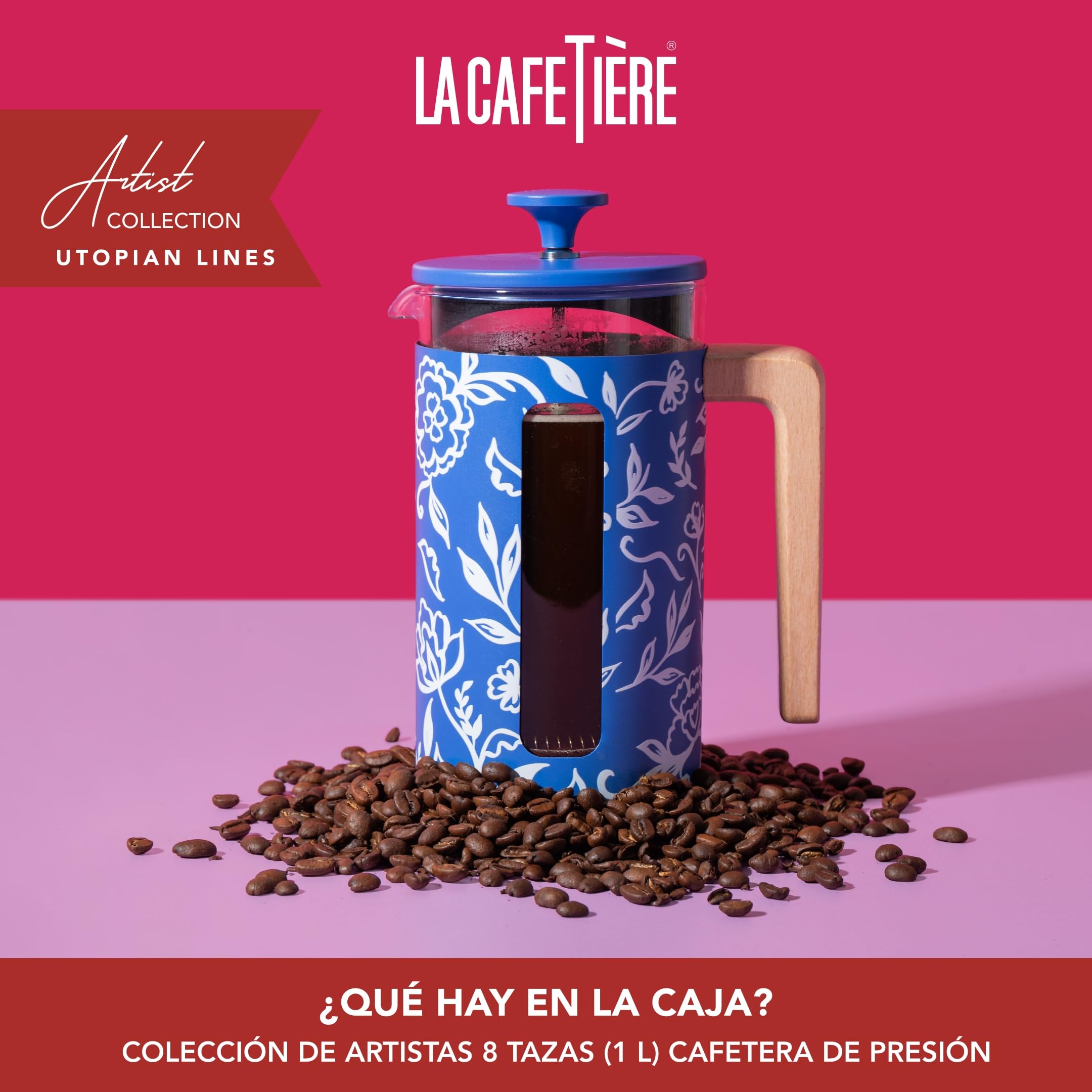 La Cafetière Pisa - Cafetera grande de prensa francesa de 8 tazas con diseño floral, cerámica resistente al calor de 1 L con émbolo de fácil agarre, ideal para té suelto y café molido, Blu Fiorato