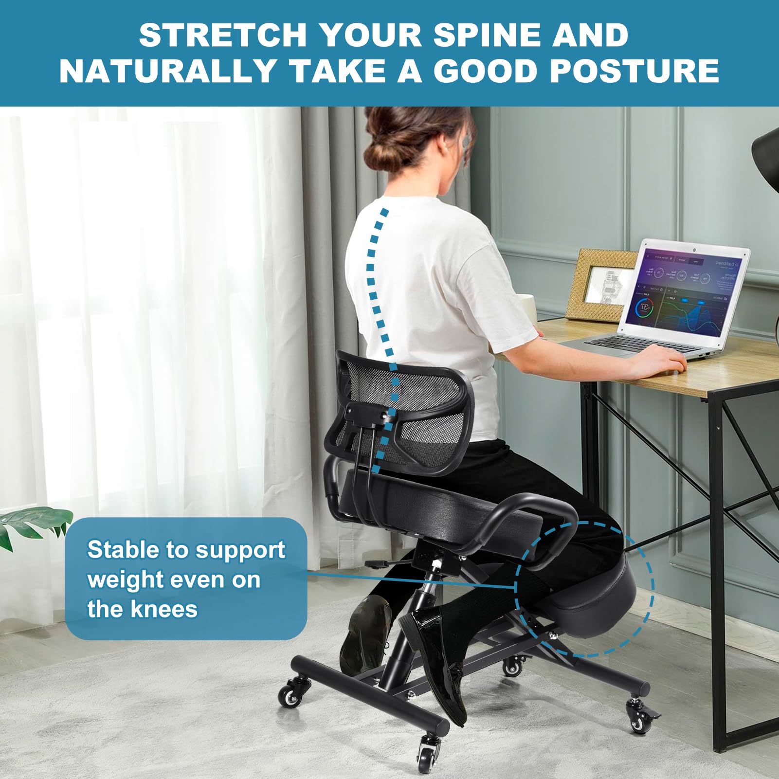 Chaise À Genoux, Chaise Ergonomique avec Support pour Les Genoux Et Le Dos, Chaises De Bureau Ergonomique, Inclinaison Réglable Entre Le Siège Et Les Genouxs, pour Le Bureau À Domicile, Less Études