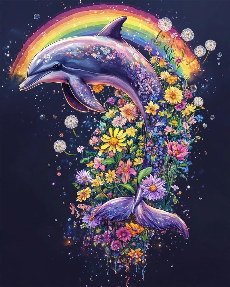 Henypt Advanced 11Ct Embroidery Dolphin and Flowers Cross Stich Kit Adults Beginners,Stamped Cross Stitch Kits,Christmas,Birthday Gifts Needlework Kit