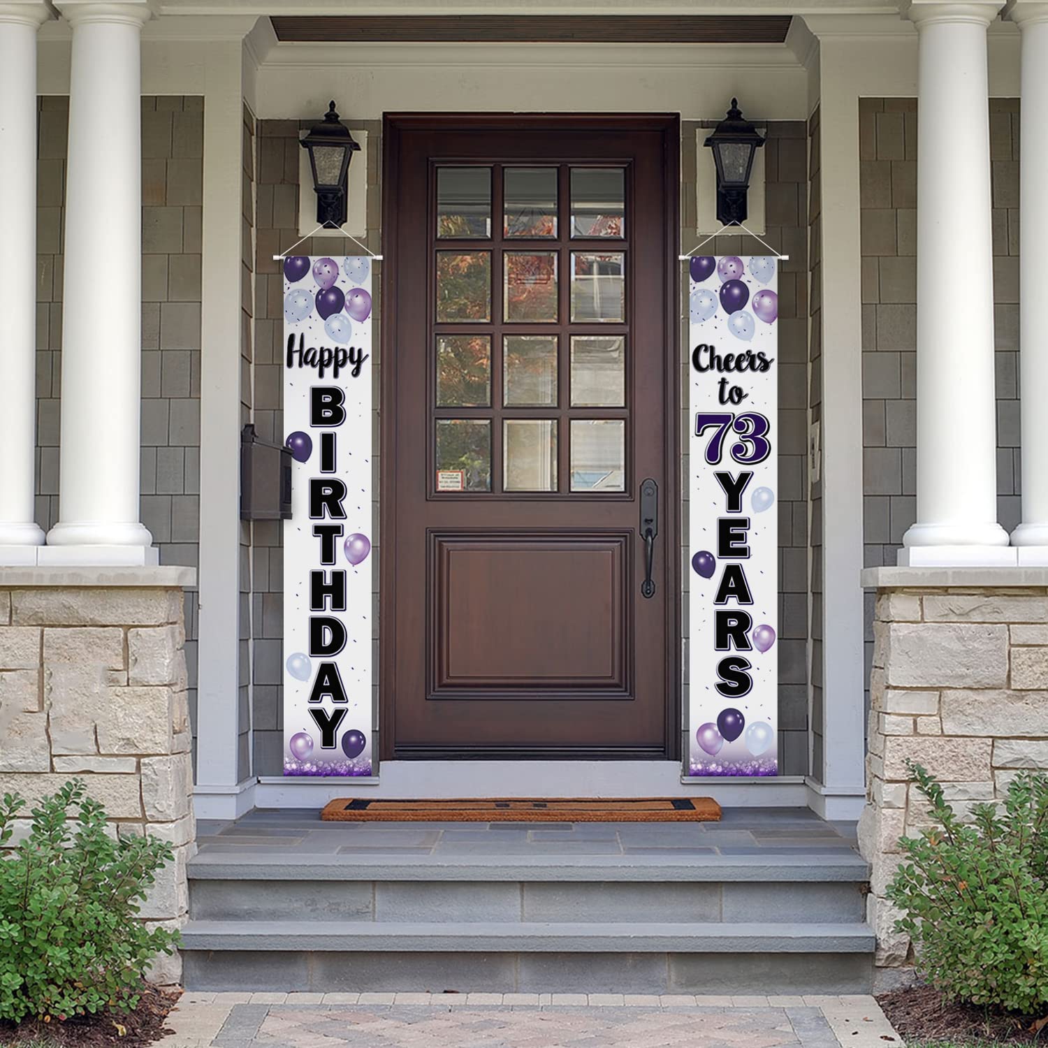 LASKYER Happy 73rd Birthday Purple Door Banner - 11x70 Inch Porch Sign With Ribbon