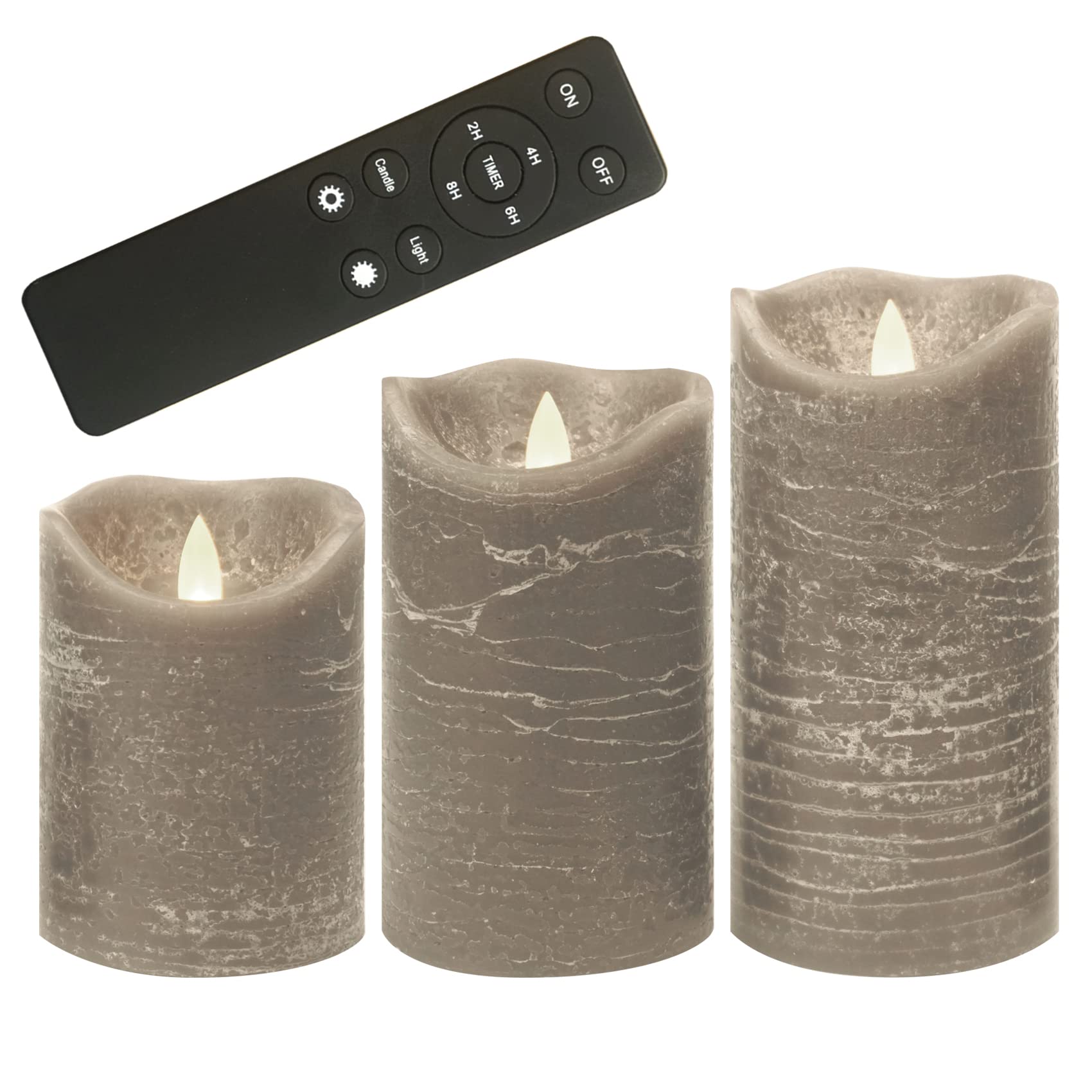 Qidol Real Wax Battery Operated Flameless Pillar Candles with Remote and Timer Realistic Flickering Electric Tall LED Lights for Wedding Dinner Party Christmas Centerpiece Fireplace Decor 3 Pack Gray