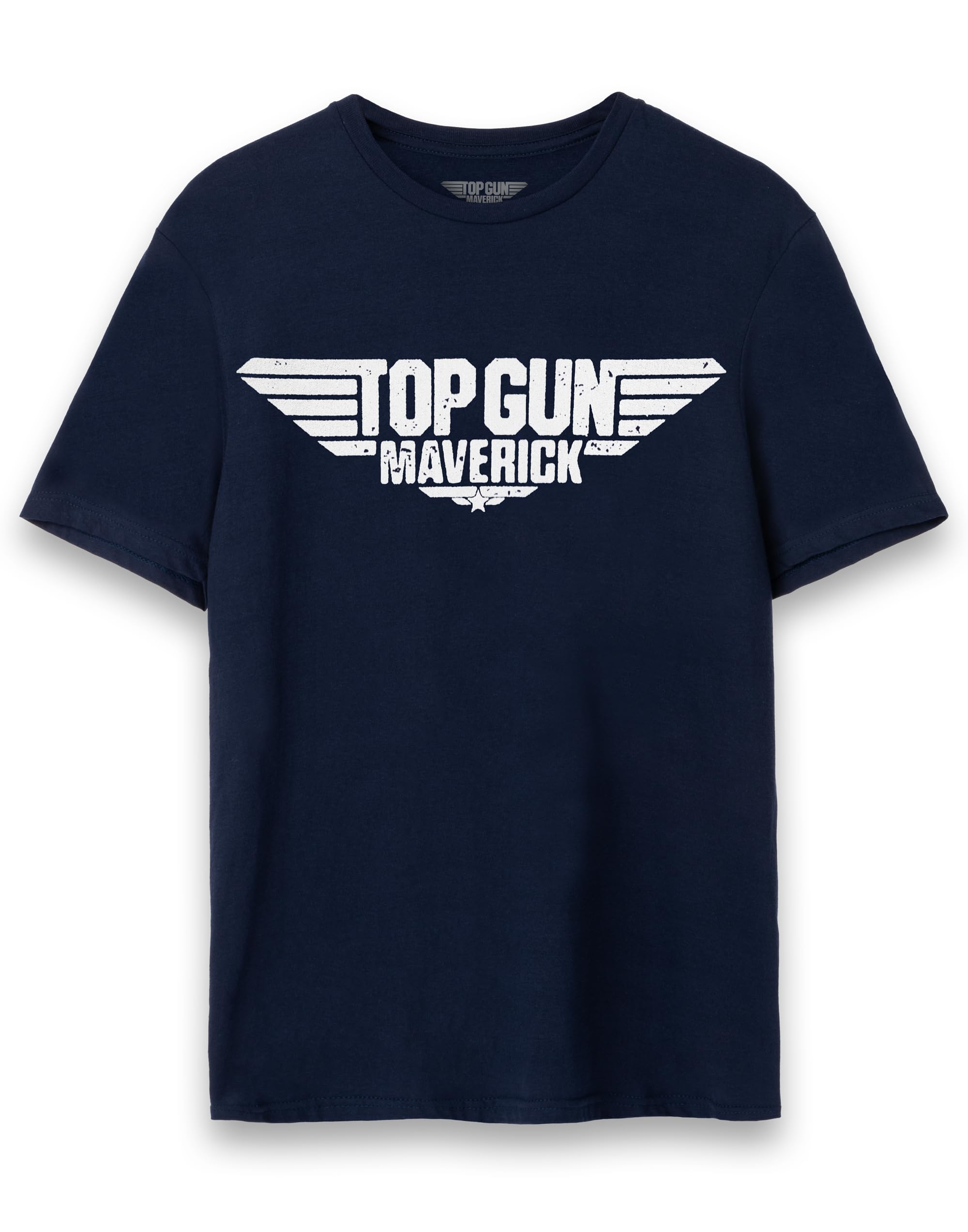 Top Gun Men's Navy - Maverick Logo Maverick T-Shirt | Adults Classic Logo Short Sleeve Graphic Tee In Navy | Distressed Fighter Jet Vintage Style Usa Action Movie Apparel Top | Iconic Film Series Merchandise Gift