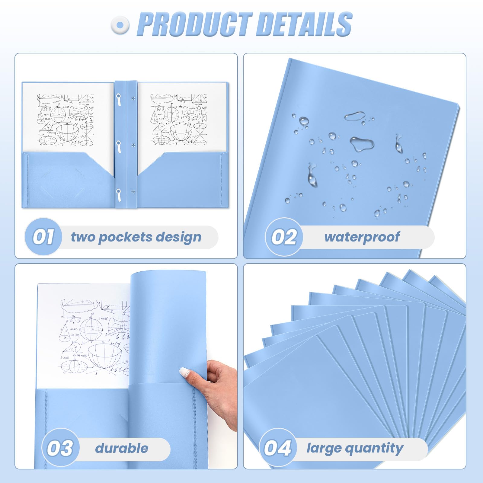 Yeaqee 80 cartelle in plastica con tasche e rebbi, 2 tasche, 3 rebbi, con slot per schede, per ufficio, scuola, studenti, insegnanti, impiegati (blu foschia)