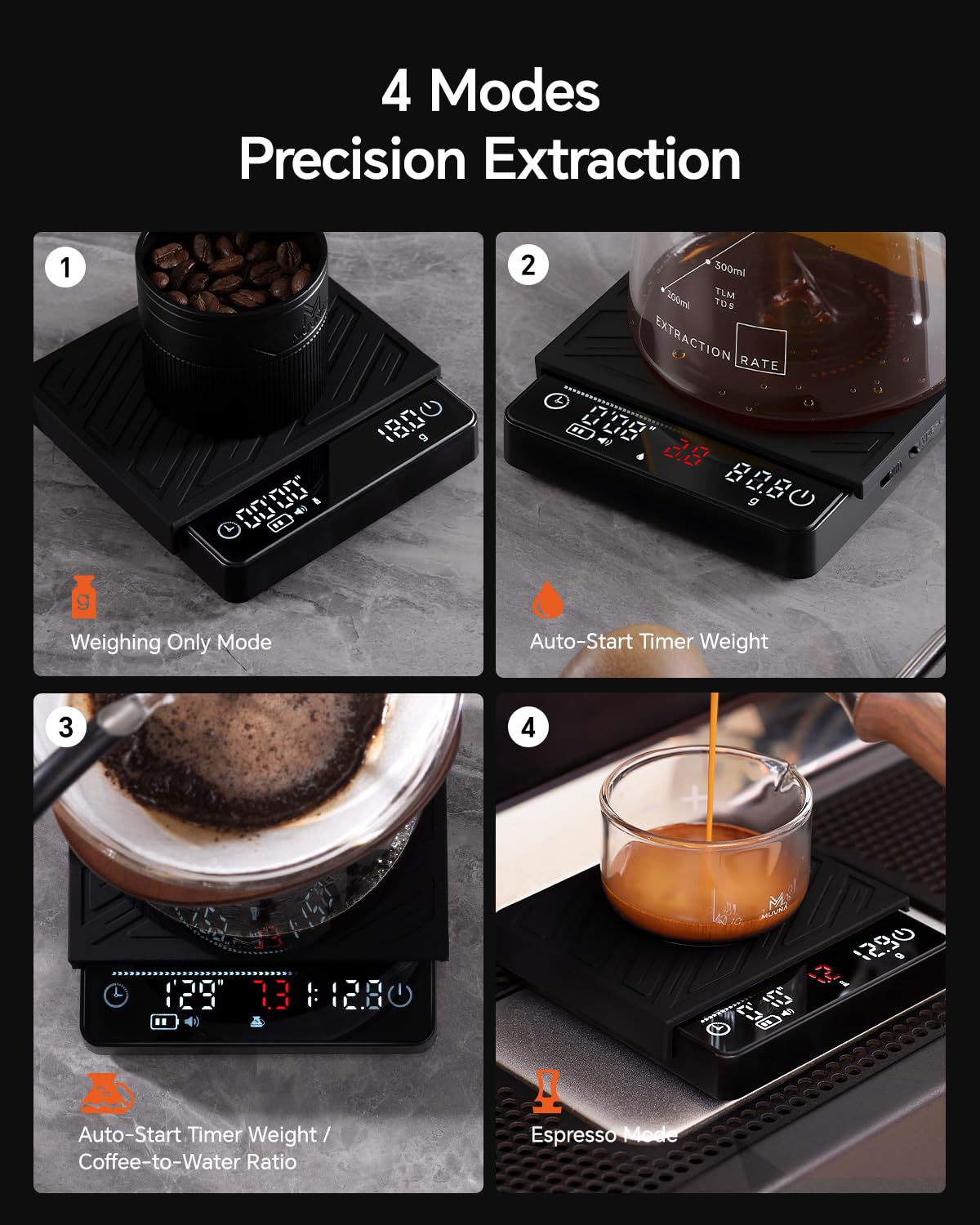 Bilancia per caffè espresso con timer e portata – MUVNA 2 kg/0,1 g, ricaricabile di precisione, per versare sopra, peso chicchi di caffè, mini display LED portatile, 4 modalità intelligenti