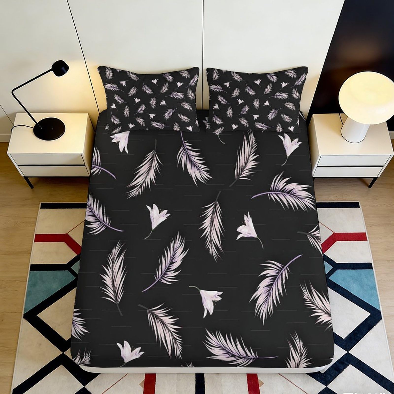 3D Printed feather Fitted Sheet for main bedroom, soft touch Microfiber, wrinkle resistant, guest room bedding, stylish decor, easy care 160x200x25cm
