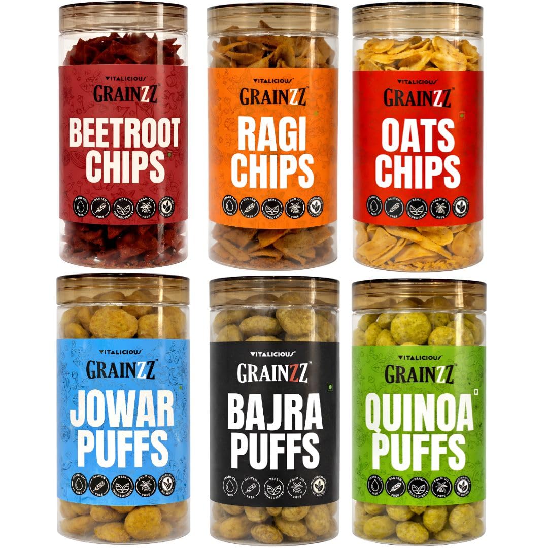 Grainzz 6-Jar Healthy Snack Mega Combo – Beetroot Chips + Ragi Chips + Oats Chips Peri Peri + Quinoa Puffs Royal Mint + Bajra Puffs Smoky Barbeque + Jowar Puffs Magic Masala | Roasted, Not Fried | No Palm Oil | High Fibre | Family Snack Pack-image-43