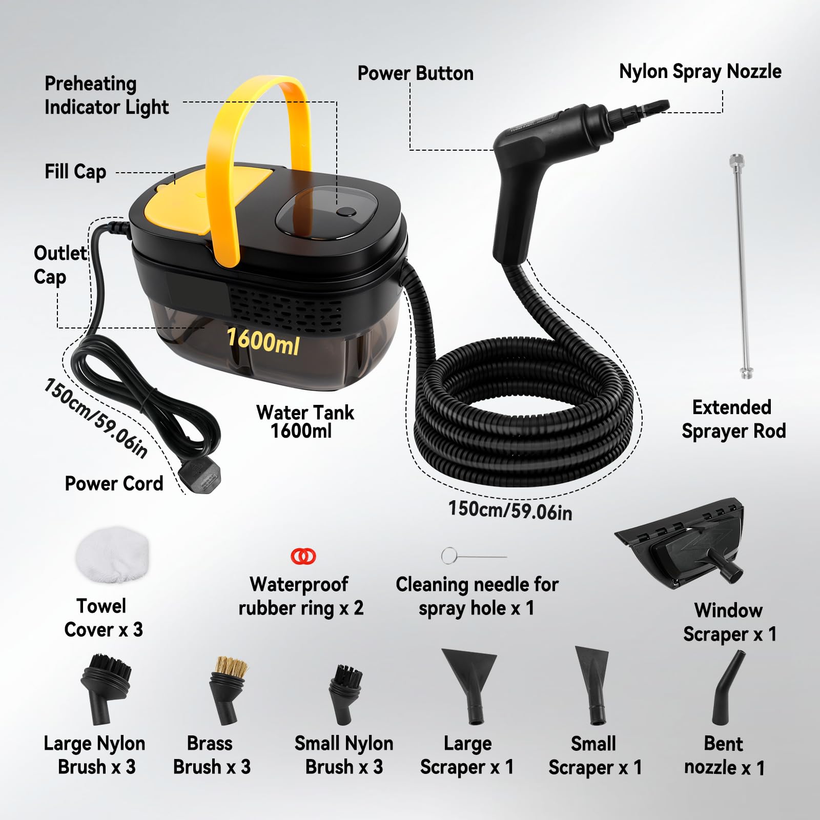 Pulitore a vapore portatile da 2500 W con serbatoio da 1600 ml e 3 livelli di temperatura Pulitore a vapore pressurizzato ad alta temperatura per auto, finestre, cucina, pavimenti e mobili (EU,1)
