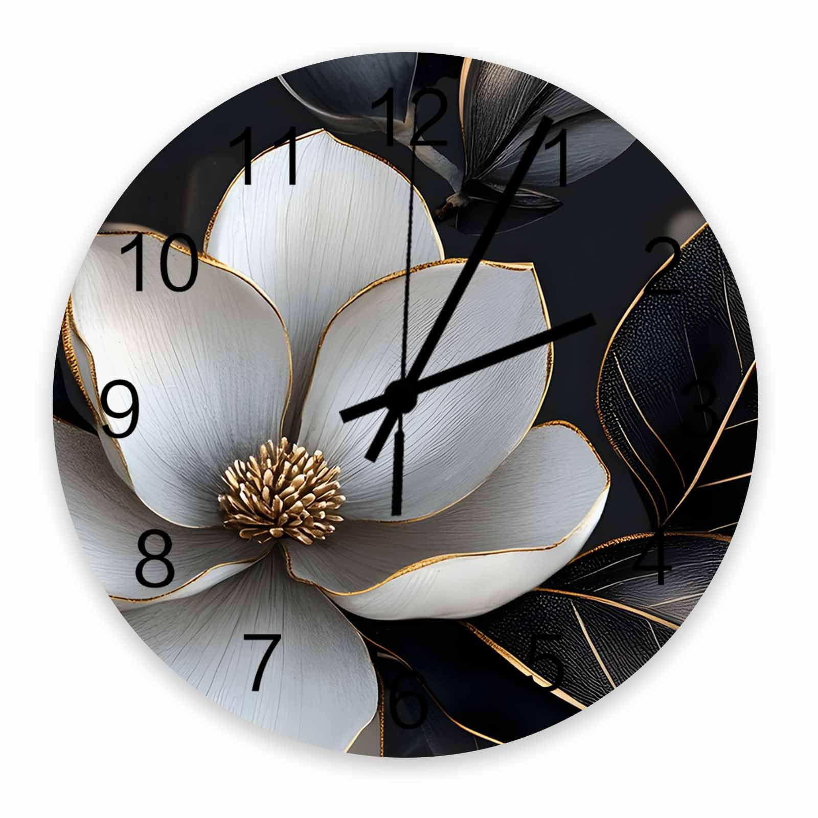 Elegante reloj de pared con diseño de flores, silencioso, sin tictac, primavera, botánico, floral, negro, grande, funciona con pilas, decoración para el hogar, cocina, sala de estar, baño, oficina
