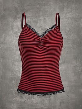 SOLY HUX Women's Striped Lace Trim Cami Top Spaghetti Strap