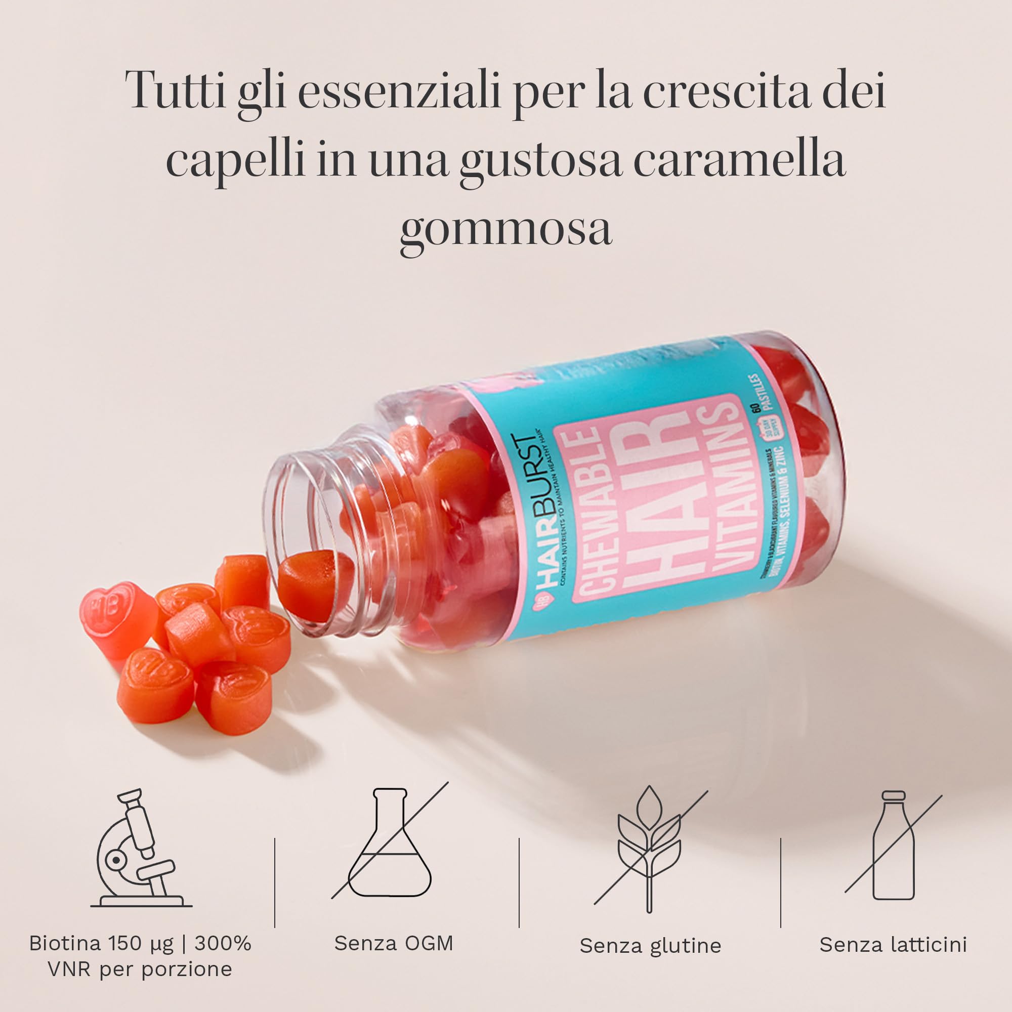 HAIR BURST Gomme Vitaminiche per Capelli Biotina per capelli più Lunghi e Spessi — Aggiunta di Zinco, Vitamina C e Selenio - Fornitura per 1 Mese (Confezione da 60 Caramelle Gommose)