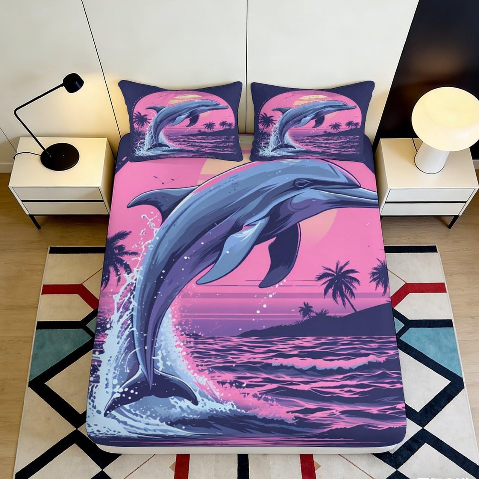 3D Printed Jumping Dolphin Fitted Sheet Microfiber Pink Sunset Ocean Mattress Cover for Bedroom Guest Room Decor 90x200x25cm