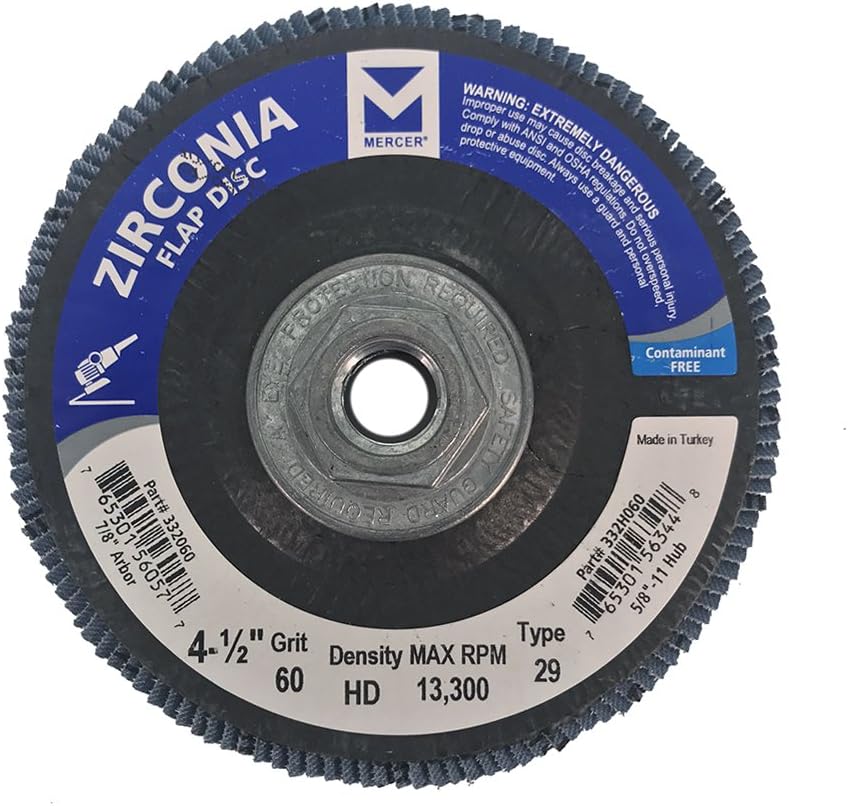 Mercer Industries 332H060 Zirconia Flap Disc, High Density, Type 29, 4-1/2 x 5/8-11, Grit 60, 10 Pack