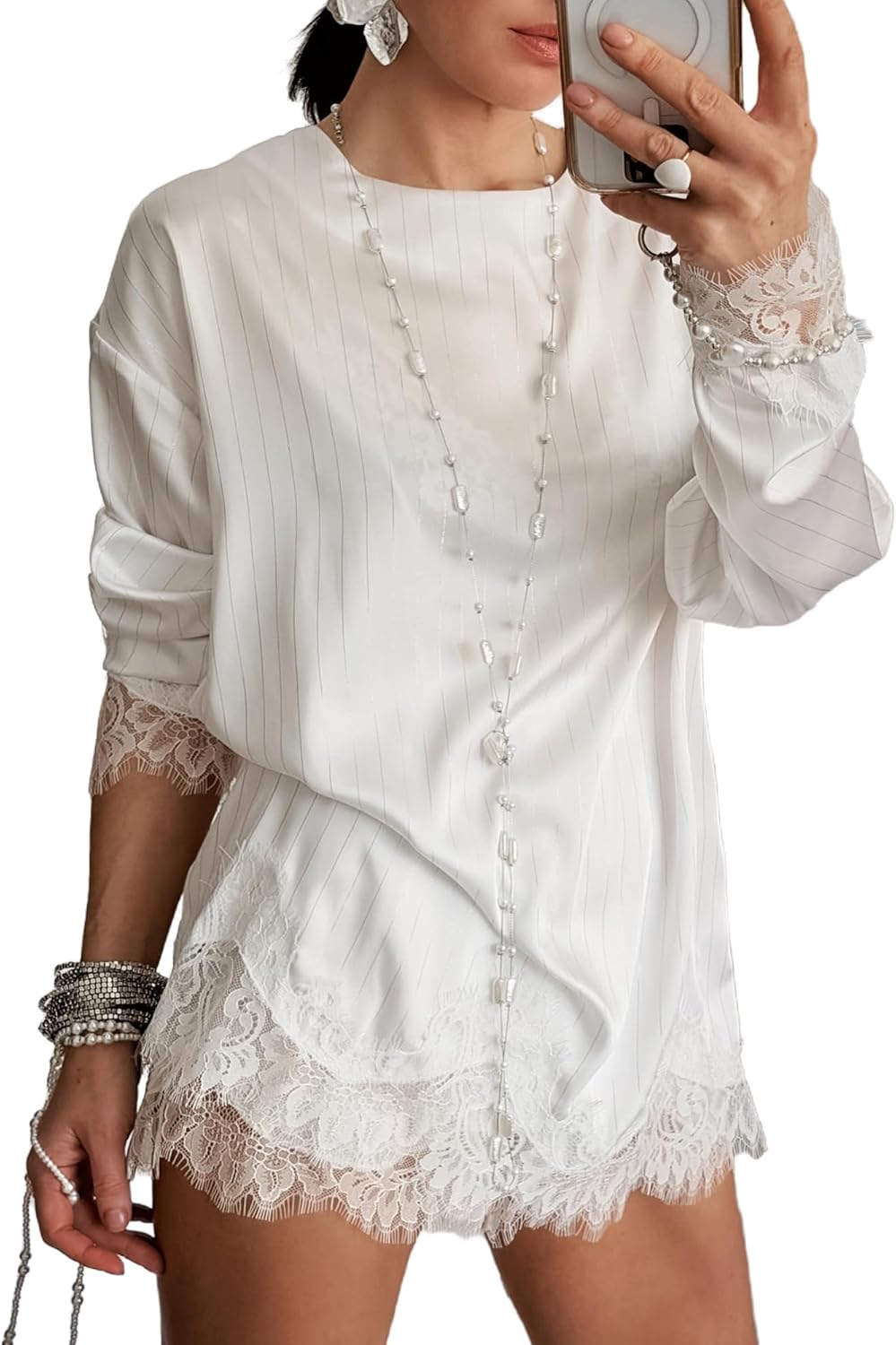 VOIKERDR White Two Piece Outfits for Women Lace Patchwork Top and Shorts Matching Sets Dressy