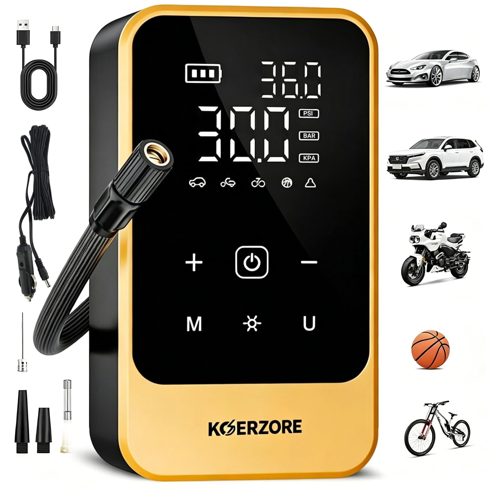 KOERZORE Tire Inflator Portable Air Compressor, Cordless Air Pump with 150 PSI, Electric Mini Bike Pump with Digital Pressure Gauge for Auto, Motorcycle, Bicycle, Balls, Car Accessories