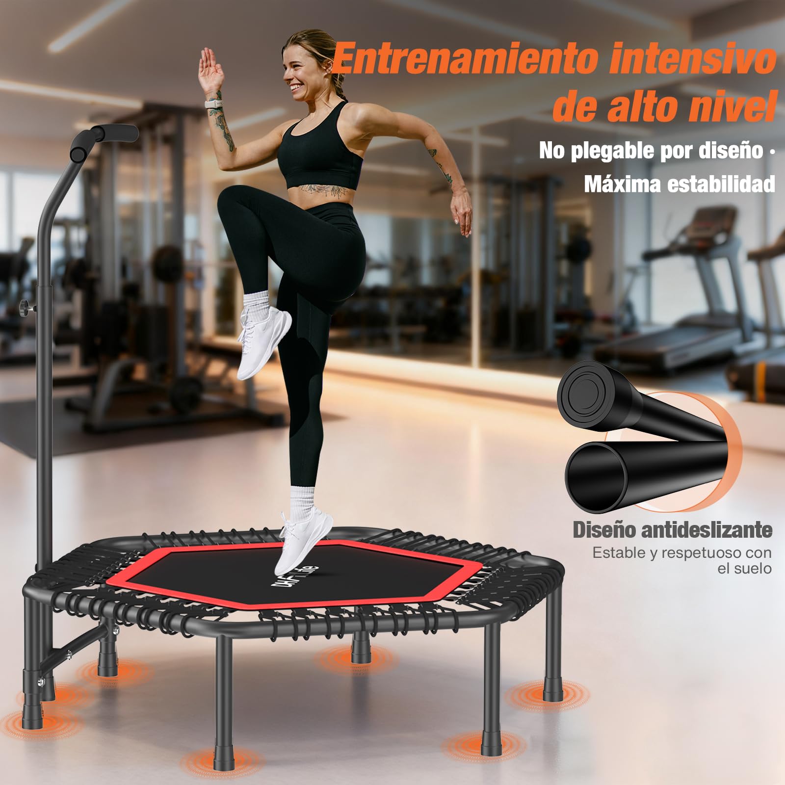 DH FitLife Trampolín Fitness Profesional Ø114 cm, Cama Elástica Interior para Adultos, Estructura Fija, 150 kg, Asa Ajustable 3 Niveles, Silencioso para Jumping Fitness