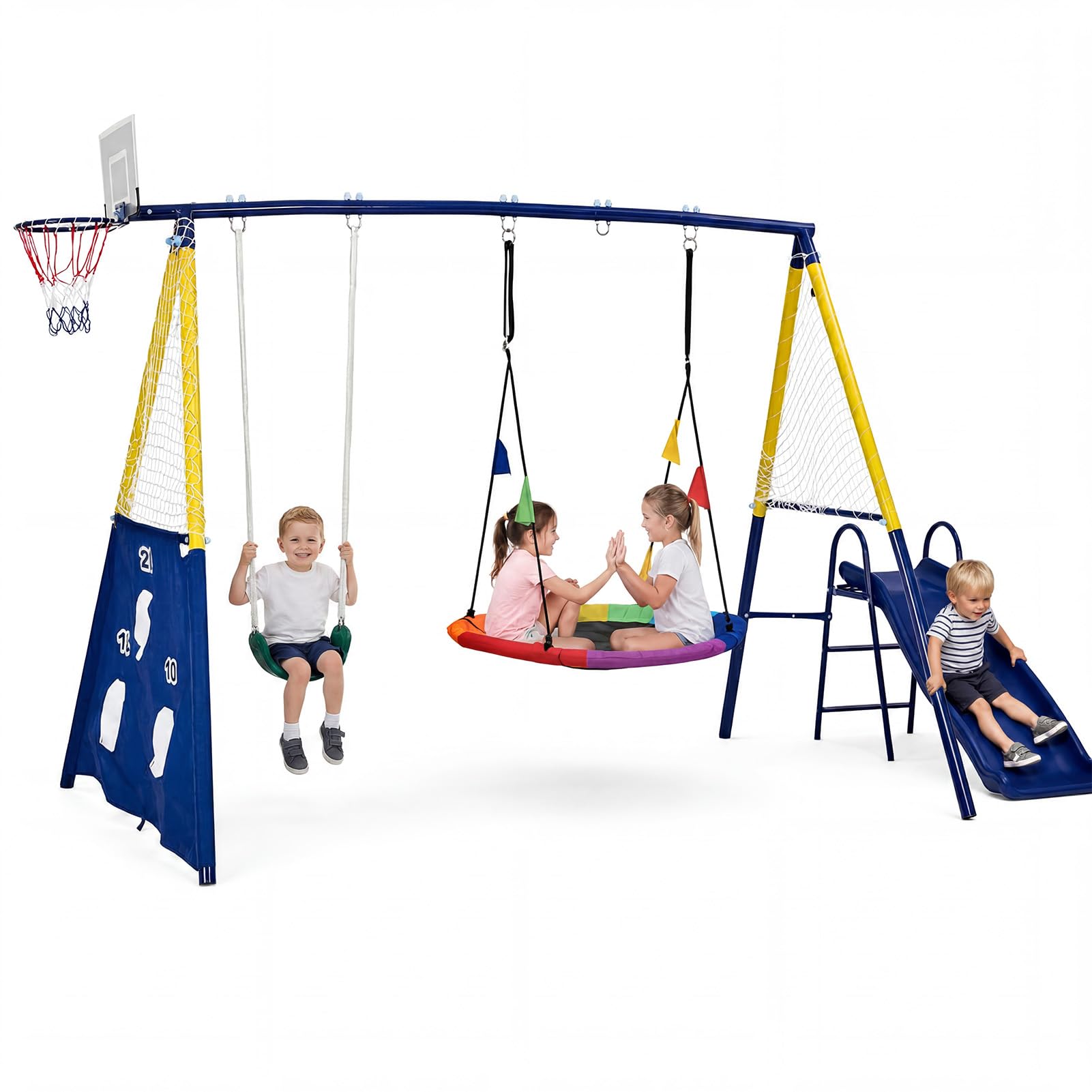 5-in-1 Kids Swing Set, Heavy Duty Metal Frame Swing and Slide Set for Backyard & Garden, Outdoor Play Equipment with Nest Swing seat for Boys Girls, 150kg Weight Capacity, Yellow & Blue