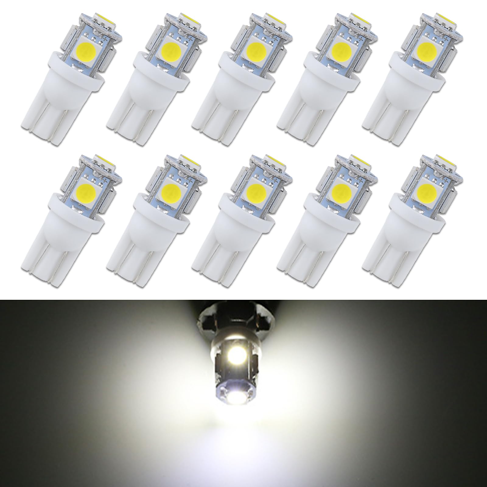 Pack-10 Car LED Light Bulbs, T10-5050-5SMD Reading Lights, 12V License Plate Lights, Automotive Decorative Dome Lights, Universal for Most Cars, Trucks and Vans (White)