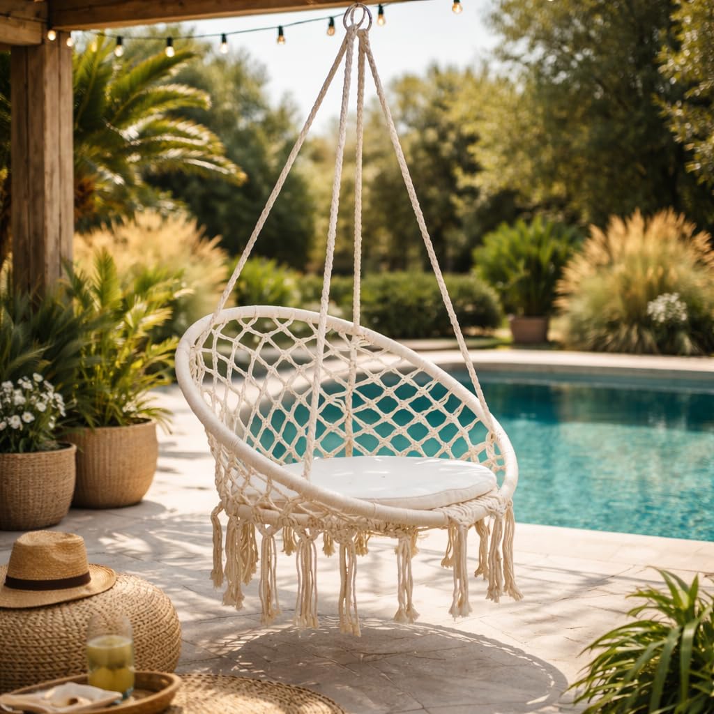 Estosa - Hamac Suspendu Jane, Chaise Hamac Balcon, Fauteuil Suspendu, en Polycoton avec Franges, Portée 100 kg, Mobilier de Jardin, Balcon, Terrasse (Blanc)