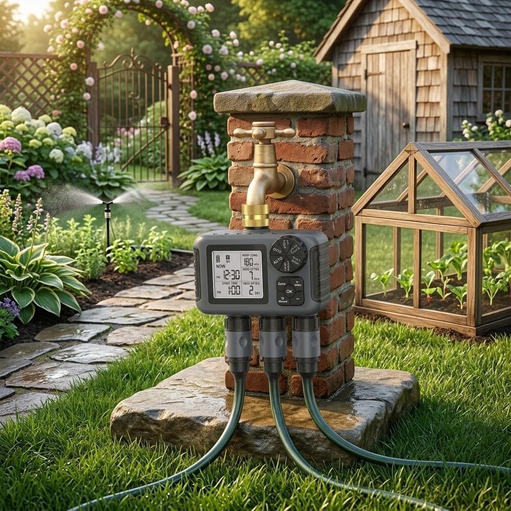 Minhe Timer intelligente per l'acqua a 3 uscite, struttura in ottone, regolatore automatico di irrigazione modalità ritardo pioggia display LCD trasparente per irrigazione giardino prato grigio