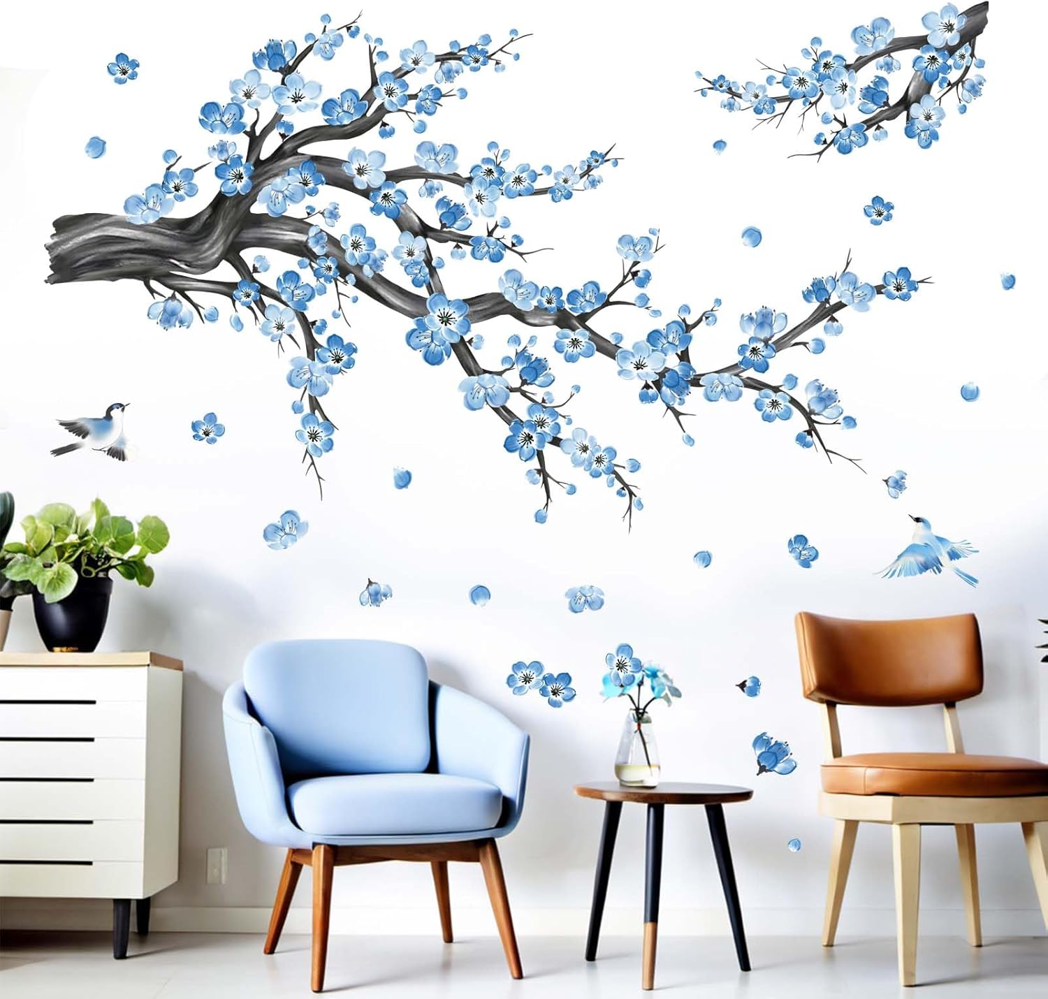 Cherry Blossom Wall Decals for Bedroom: Peel and Stick Flower Bird Blue Floral Tree Branch Wall Stickers - Living Room Office Bathroom Wall Decor