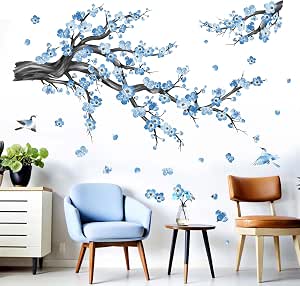 Cherry Blossom Wall Decals for Bedroom: Peel and Stick Flower Bird Blue ...