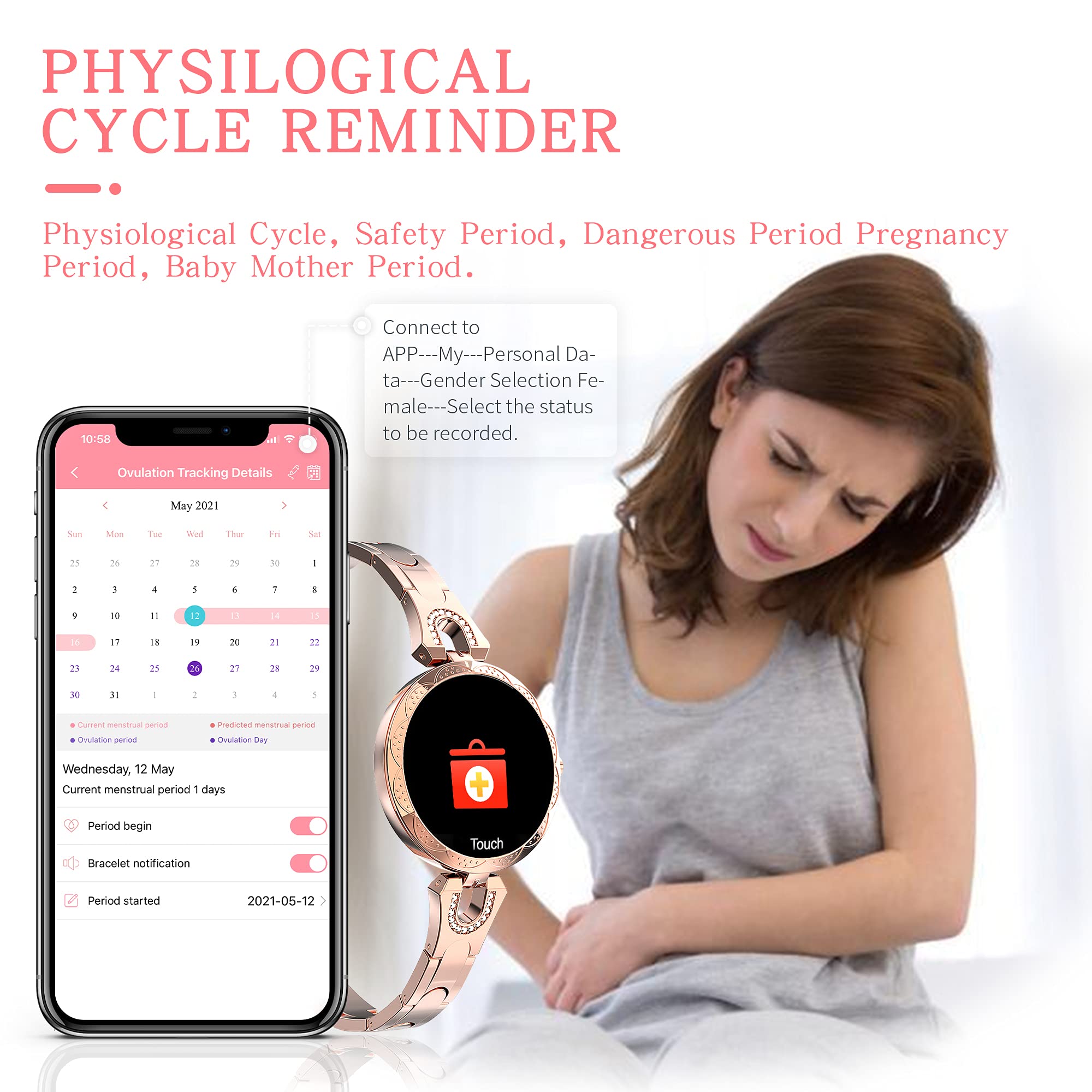 Wodoodporny stalowy zegarek damski z monitorem tętna i fitness dla Androida i iOS IP68 Wodoodporny, Złoto