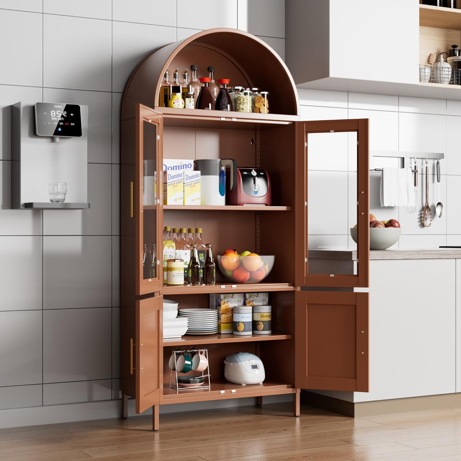 Reemoon Metal Arched Cabinet with 2 Glass Door and 2 Metal Door,72.8" H Display Cabinet with Adjustable Shelves, Arched Bookshelf for Office,Kitchen, Pantry, Dining Room, Assembly Required,Brown