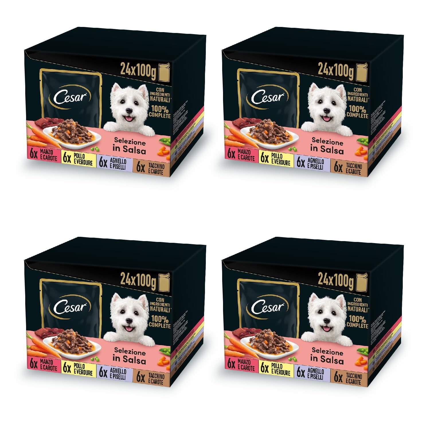 Cesar Selezione in Salsa, Cibo Umido per Cani, Gusti Assortiti con Carne e Verdure, 96 Bustine da 100 g, Totale 9.6 kg
