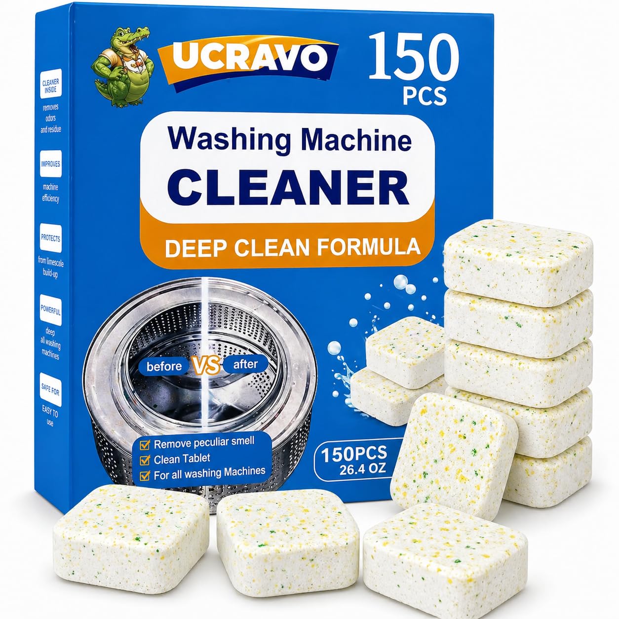 UCRAVO Washing Machine Cleaning Tablets (50 Count) - Active Oxygen Drum Cleaner & Descaler | Eco-Friendly Tub Cleaner for Fully Automatic Machines | UCRAVO Deep Clean Formula for Limescale Protection-image-44