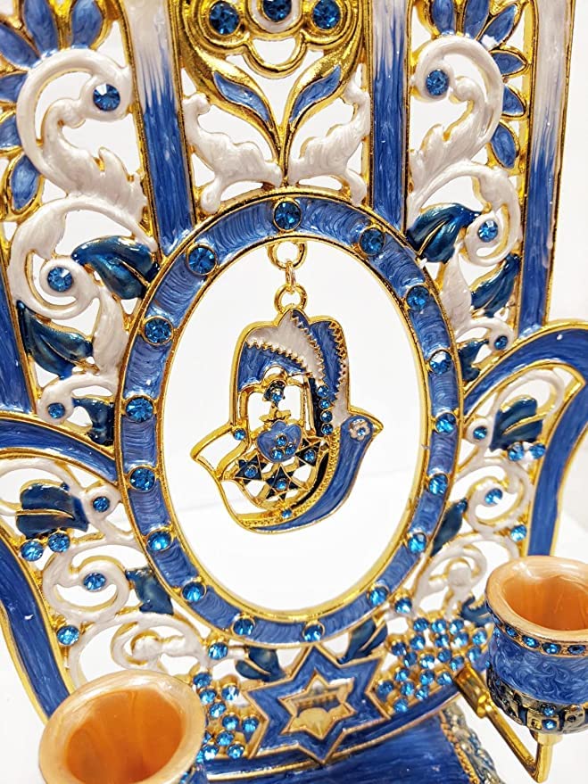 Gorgeous Blue Hamsa/Hamesh Hand Shabbat Candle Holder Embellished with Genuine Crystals Comes in a Beautiful Gift Box