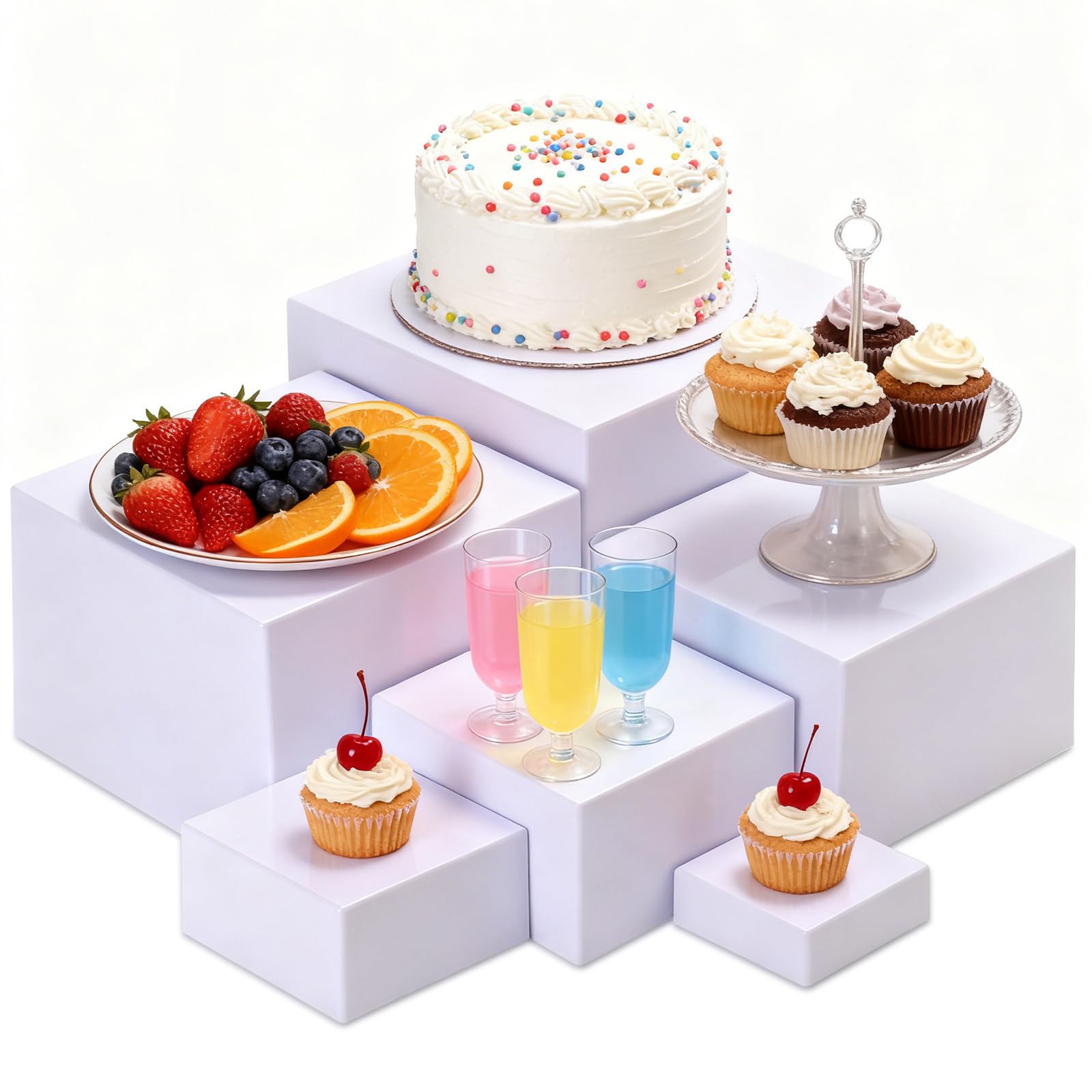 Elevadores de alimentos acrílicos para una mesa de buffet impecable