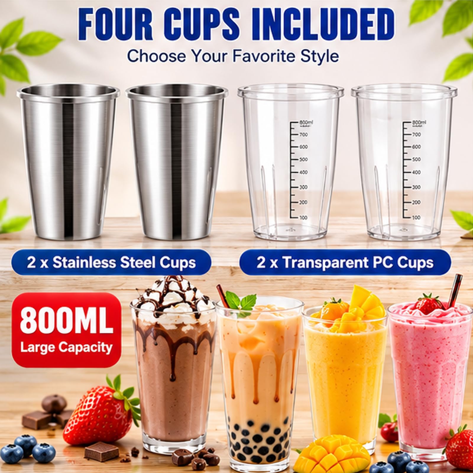 Mikser do koktajli mlecznych z podwójnymi kubkami ze stali nierdzewnej 800 ml, automatyczny blender z podwójną głowicą do smoothie, frappe, koktajli