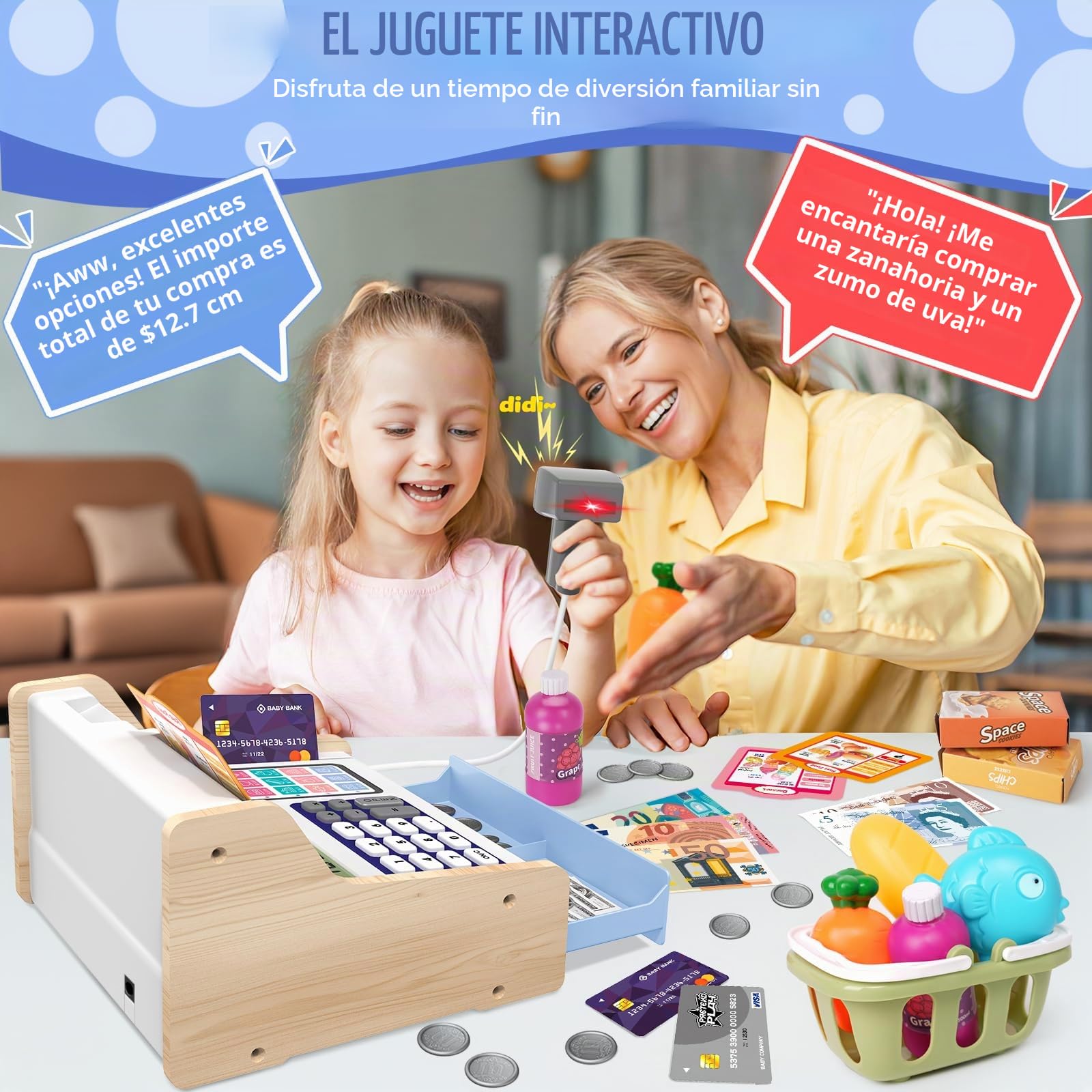 2026 Caja Registradora Juguetes de Madera con Calculadora de Escáner para Niños Niñas 3+ Años, Juguetes de Tienda Juegos Simulación Regalos Educativos para Niños Pequeños 3 4 5 6 7 Años, Blanco&Azul