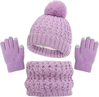 Kids Winter Beanie Hat Scarf and Touchscreen Gloves Set,Fleece Lining Beanie Hat Knit Gloves Neck Warmer for Children 2-8