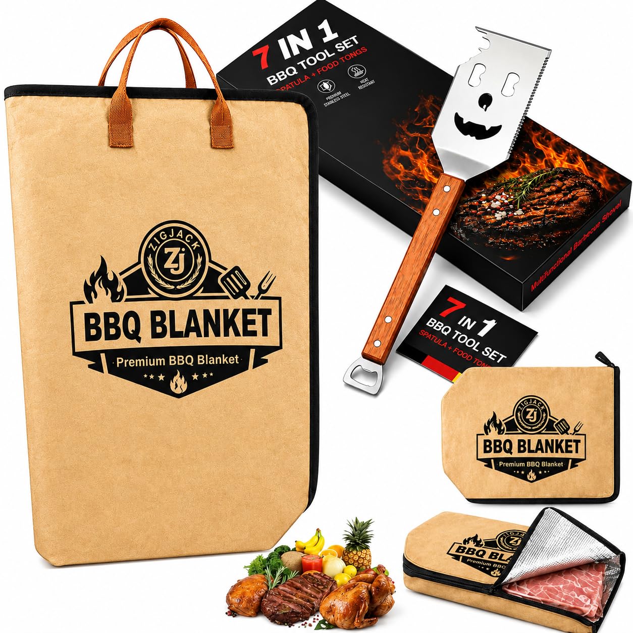 2pcs - BBQ Meat Resting Bags with BBQ Spatula | Wooden Handle 7-in-1 BBQ Shovel | 21" Insulated Heat Retention Smoker Blanket for Brisket, Turkey, Pork Shoulder & Steaks | Reusable, Wide-Mouth Ziplock