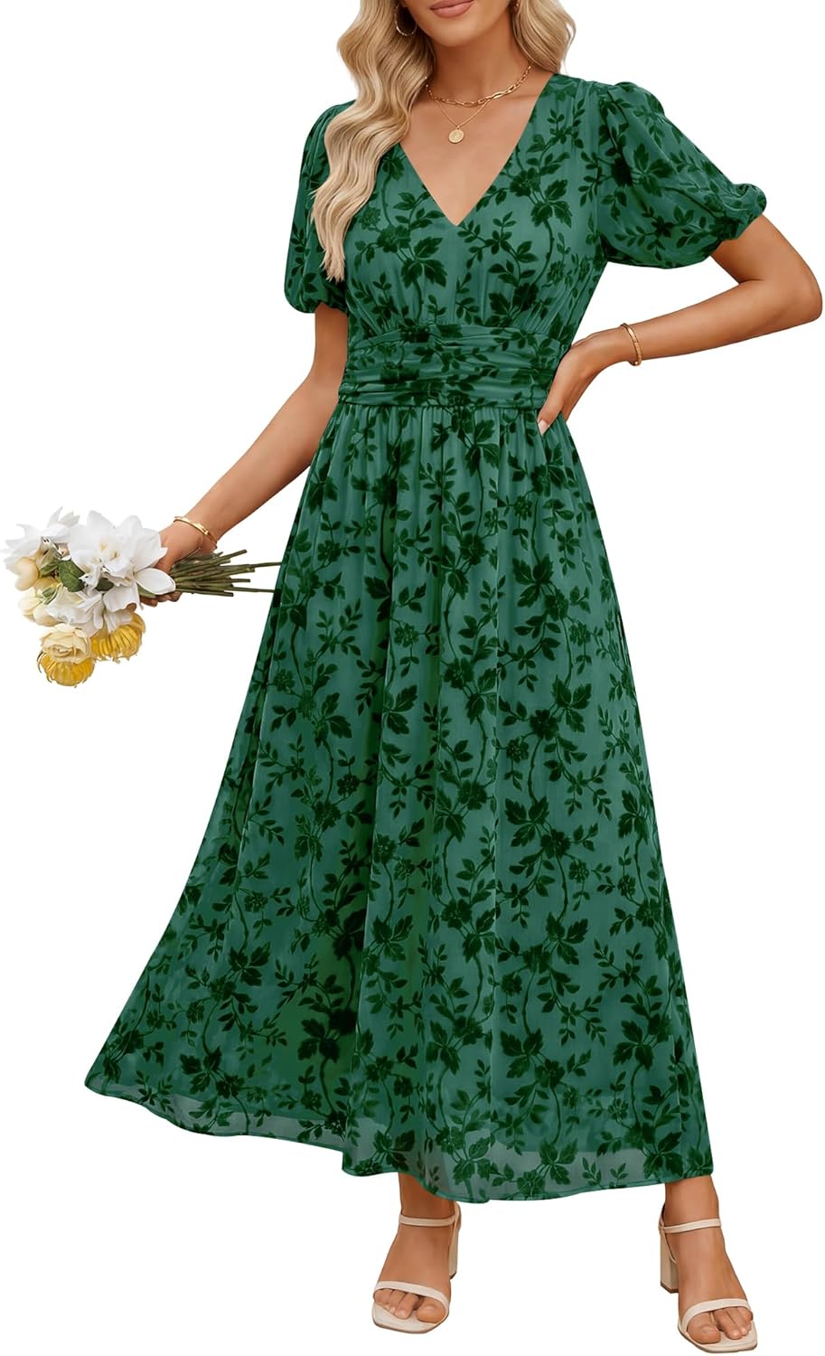 ANRABESS Women’s Floral Maxi Formal Dress Summer Mesh Short Sleeve V Neck Empire Waist Wedding Guest Party Dresses