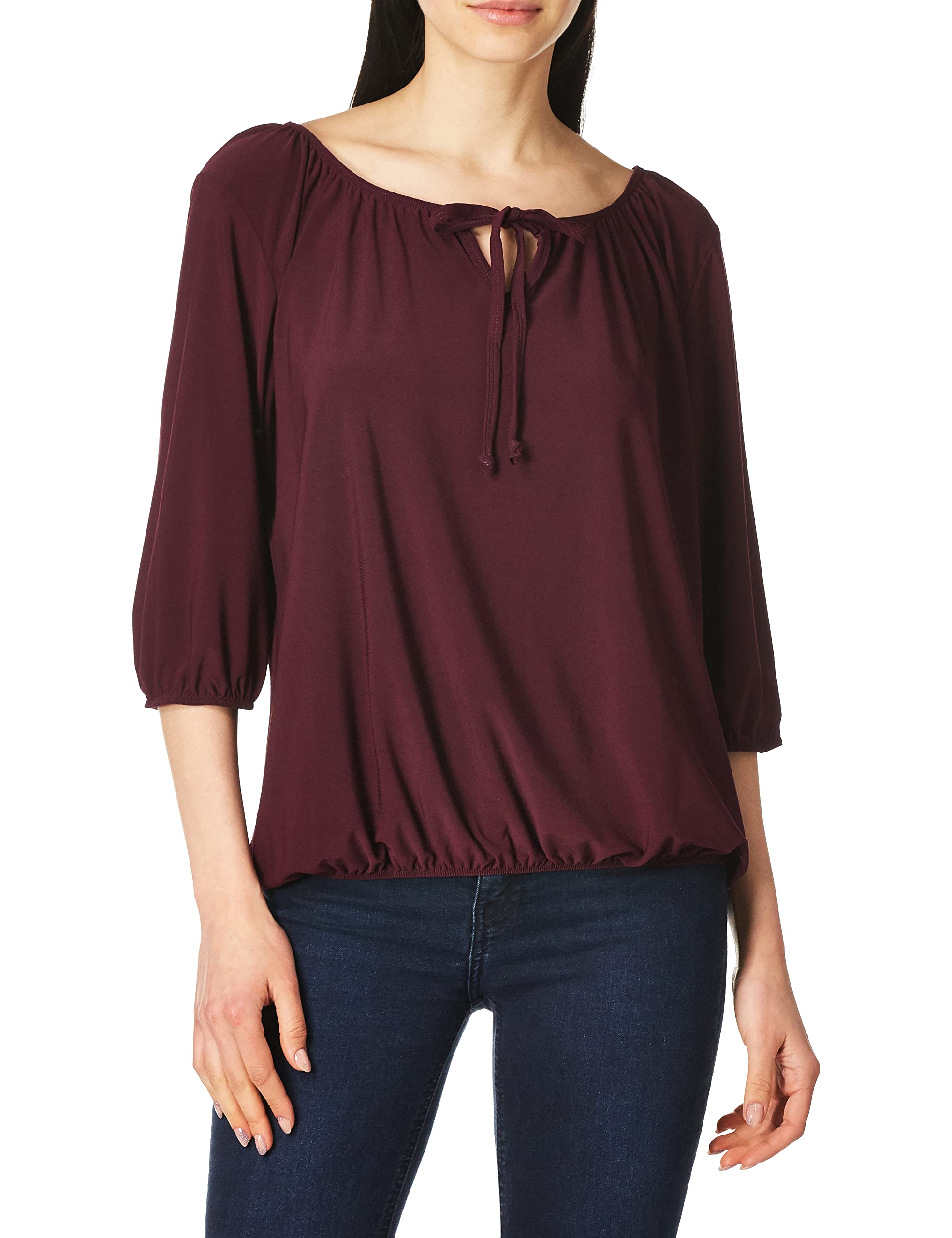 Star Vixen Women's Plum 3/4 Sleeve Peasant Elastic-Hem Keyhole-Tie Top Blouse, Small