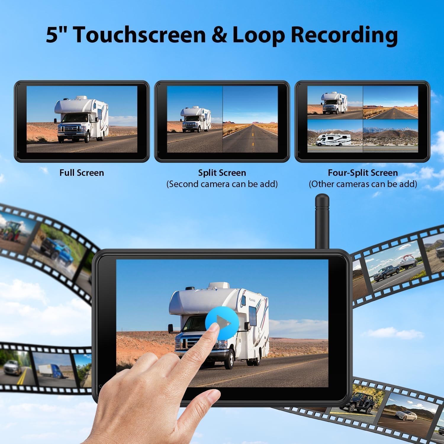 Magnetisch Solar Rückfahrkamera Kabellos 5" 1080P Touchscreen Monitor DVR BSD Infrarot-Nachtsicht IP69K wasserdicht