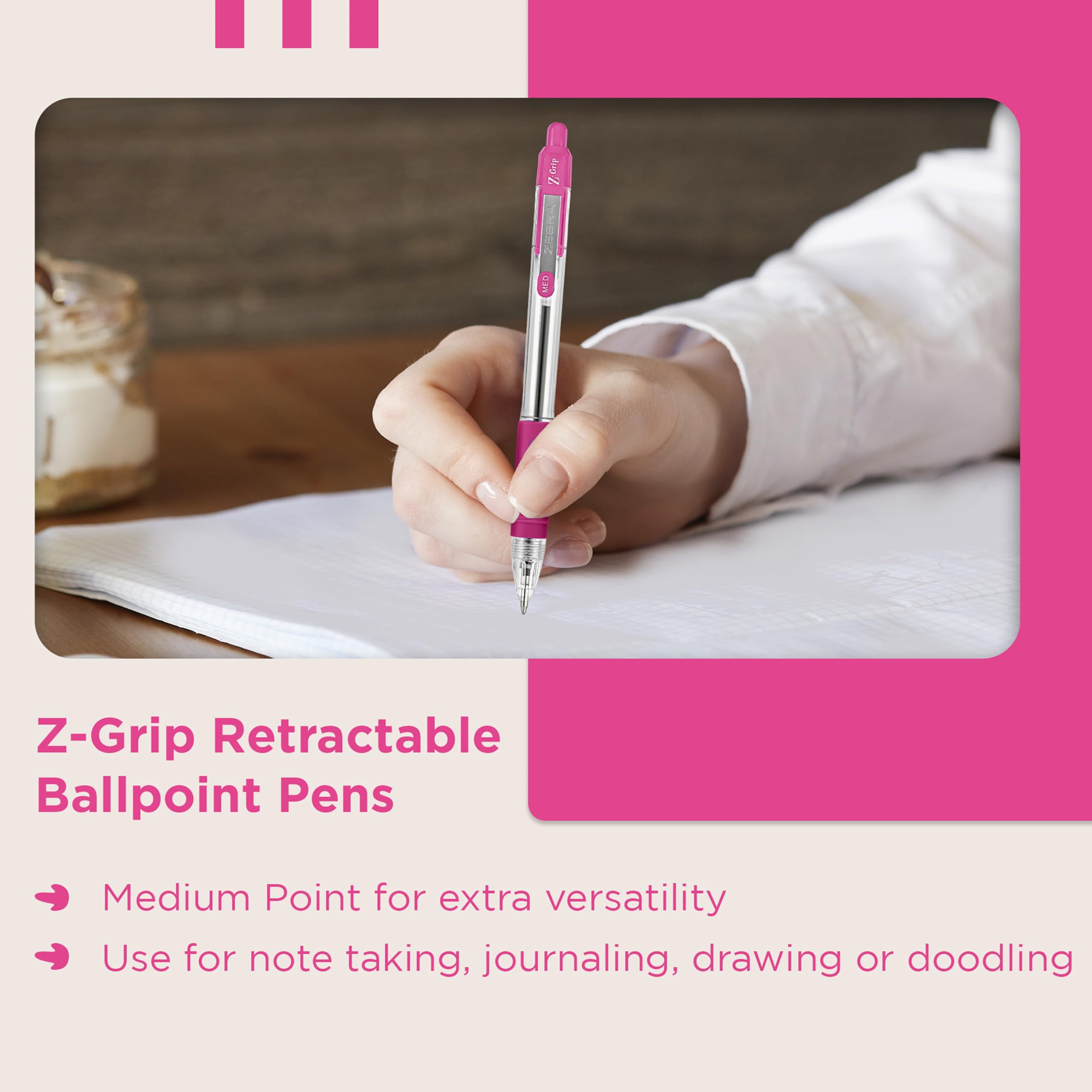 Zebra Z-Grip - Confezione Da 4 Penne A Sfera Retrattili Con Inchiostro Liscio - Punta 1,0 Mm - Colore Rosa - Confezione Regalo