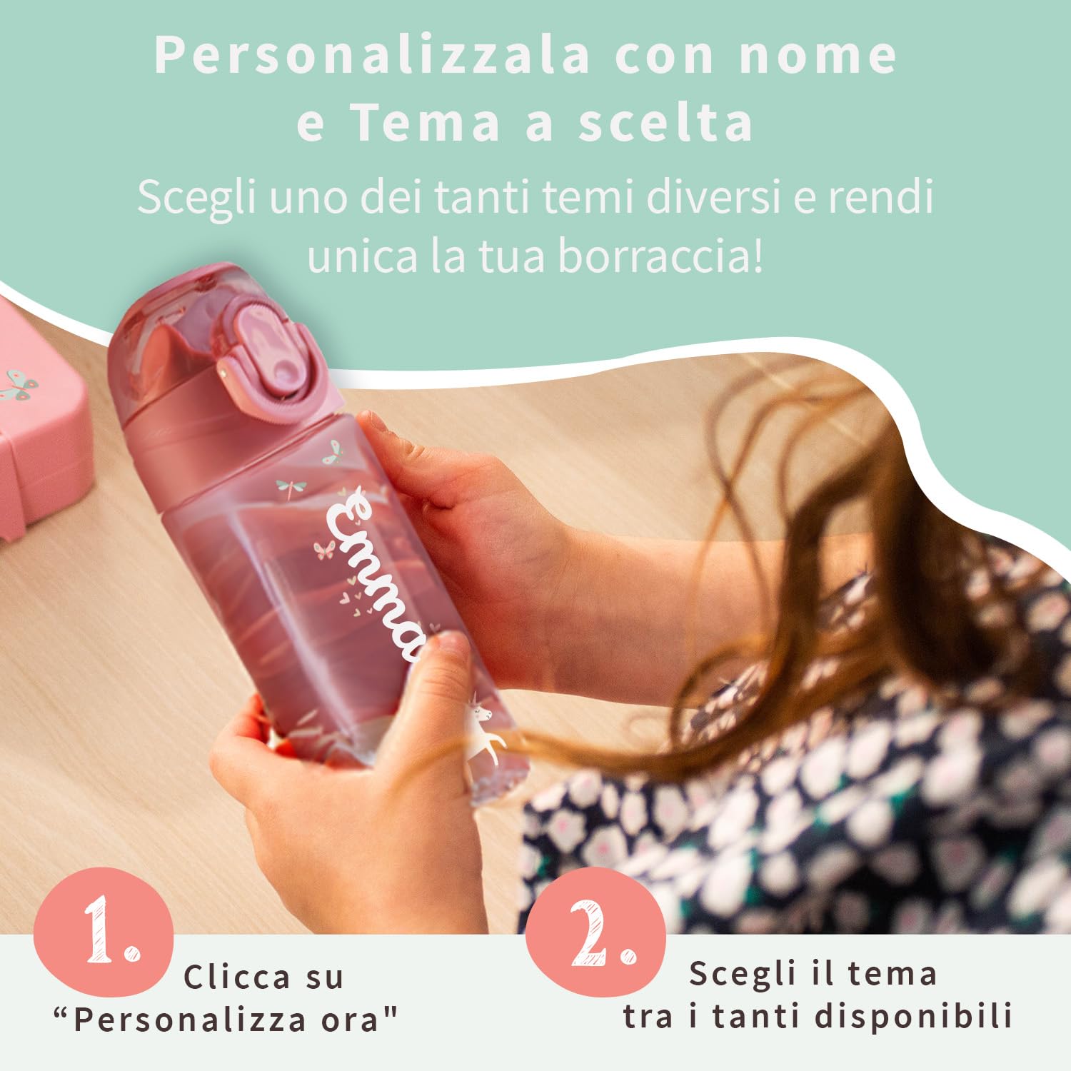 Borraccia Personalizzata per Bambini 450 ml Rosa Antico Senza BPA Lavabile in Lavastoviglie