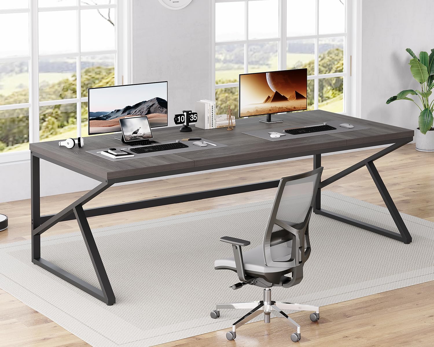 HSH Extra Long Home Office Desk Industrial Metal Wood Computer Desk Large PC Laptop Table for Two Person