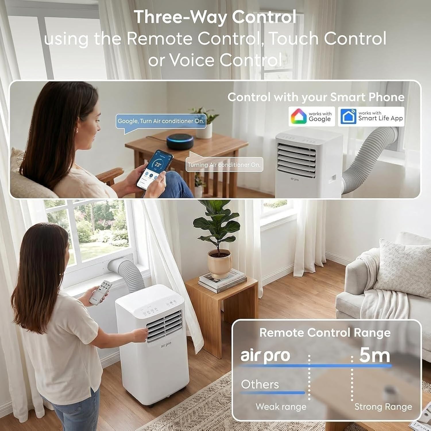 Aire Acondicionado Portátil 4 en 1 12000 BTU WiFi y Mando para Hogar Oficina Habitaciones 30m2, Temporizador 24H, Kit Ventana, Sin Instalación, Frío Calor, White, 7000 BTU