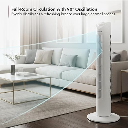 Miniatura 5 de OVENTE Ventilador de torre de 32 pulgadas para dormitorio, ventilador de soporte portátil con oscilación de 90, velocidad ajustable, ventilador de