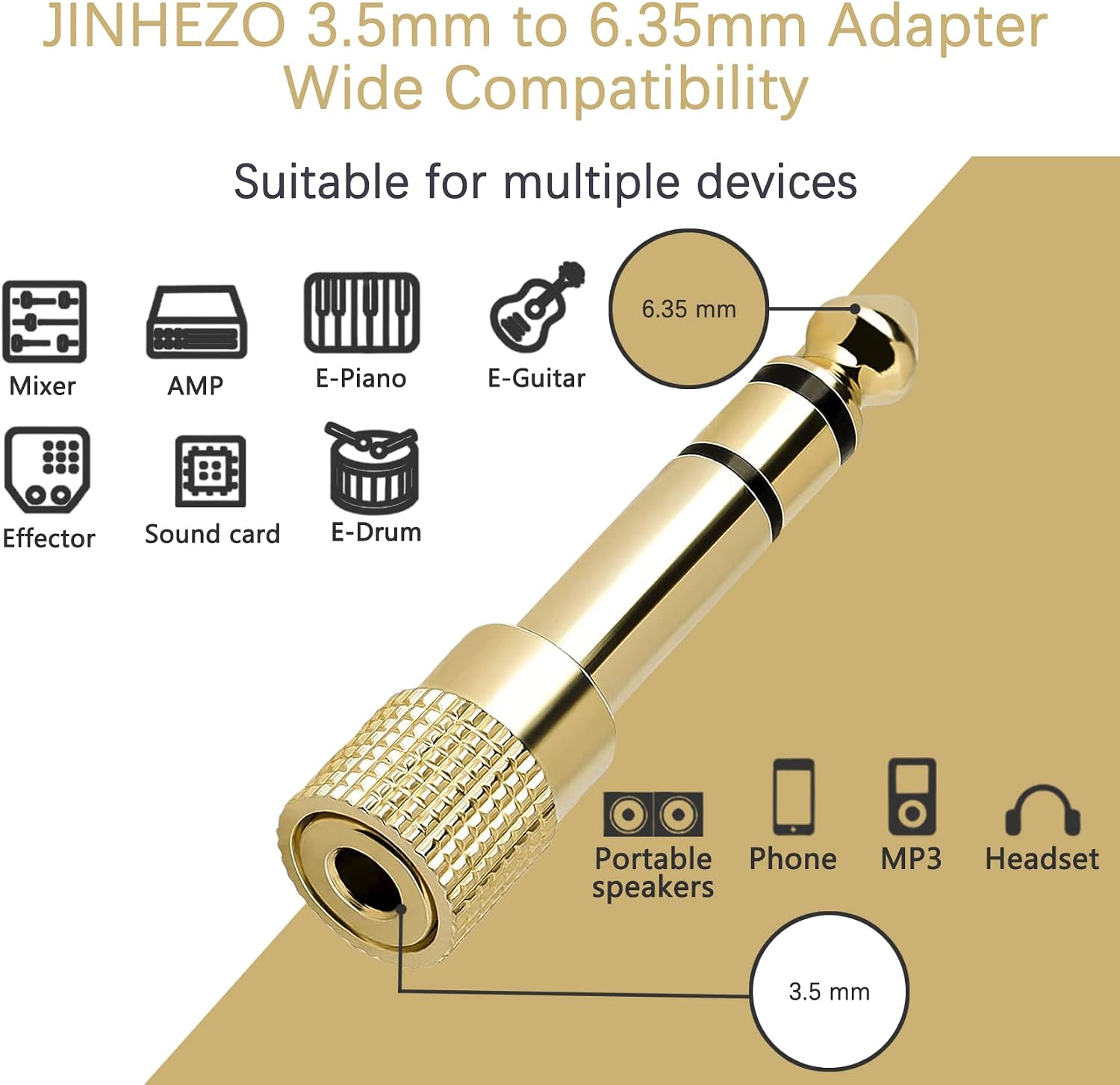 JINHEZO 1/4 to 3.5mm Adapter Headphone Jack, 6.35mm Male to 3.5mm Female Stereo Audio Jack Adapter for Aux Cable, Guitar Amplifier, Headphone, 6 Pack Golden