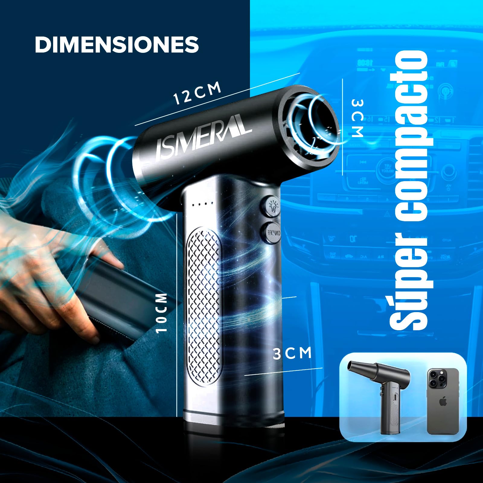 SÚPER Soplador De Aire Potente de 150000RPM BRUSHLESS ISMERAL® + 9 Boquillas + Cepillo + Bolsa de Transporte | Soplador Bateria 6000mAh | Aire Comprimido Limpieza pc | Soplador De Aire para pc |