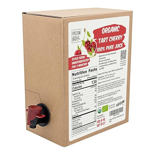 Caja de jugo de cereza ácida orgánica de 101.4 onzas líquidas  Jugo de cereza ácida 100% puro, sin azúcar añadido, sin concentrado, vegano,