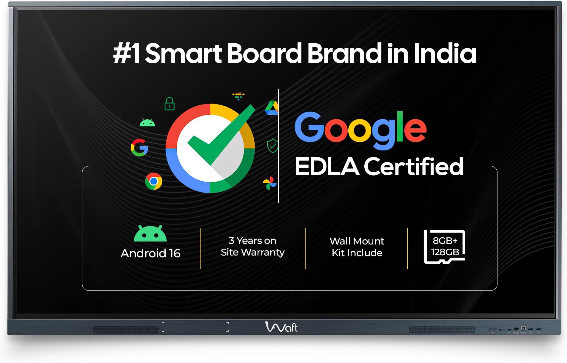 AIWaft Turbo Tab AI Interactive Flat Panel 75 Inch | 4K UHD Display | Android 16 | Google EDLA Certified | Octa-Core | 50-Point Touch | Interactive Smart Board for School & Office