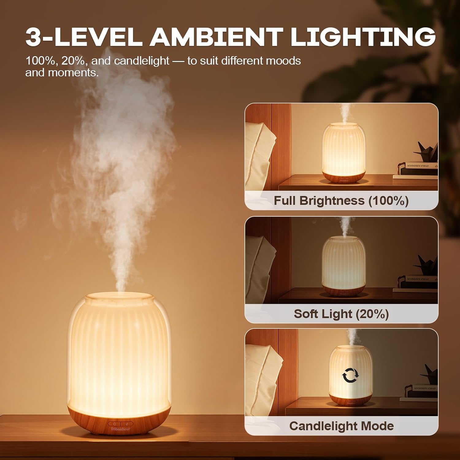 Essential Oil Diffuser with Night Lamp | 120ml USB Portable Aroma Diffuser with Wood-Grain Base & Glass-Look Cover | Humidifier with Lights | Small Humidifier for Bedroom, Office | Room Décor | Gift - Image 3