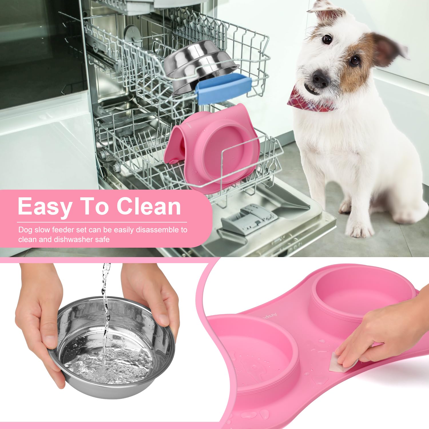 Anipaw Cuencos de alimentación lenta 3 en 1 de acero inoxidable para perros y agua con alfombrilla de silicona antideslizante antiderrames para ralentizar la alimentación para perros y gatos grandes,